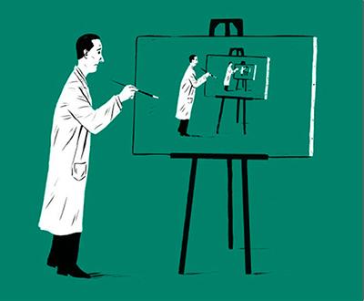 An artist draws a copy of him which draws another copy